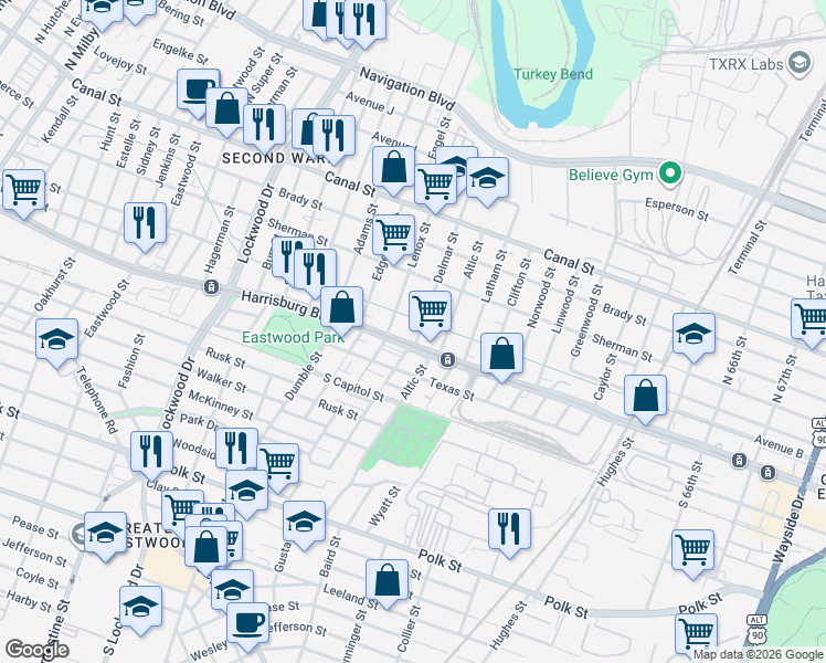 map of restaurants, bars, coffee shops, grocery stores, and more near 5315 Harrisburg Boulevard in Houston