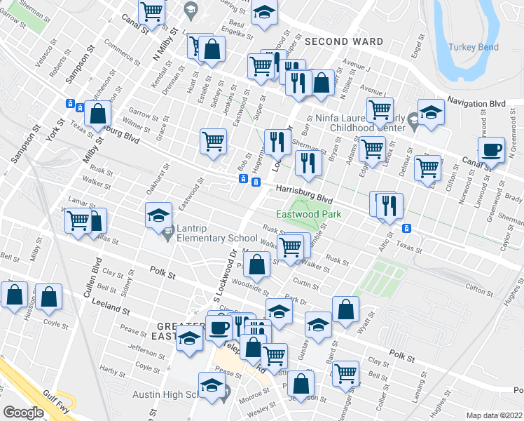 map of restaurants, bars, coffee shops, grocery stores, and more near 4700 Capitol Street in Houston