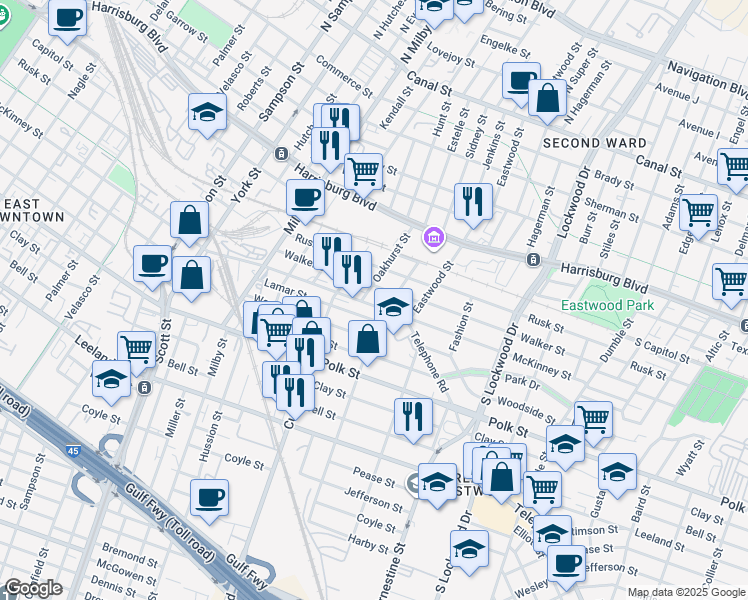 map of restaurants, bars, coffee shops, grocery stores, and more near 4301 McKinney Street in Houston