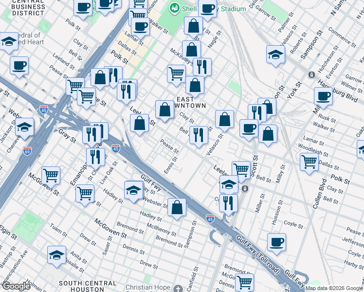 map of restaurants, bars, coffee shops, grocery stores, and more near 2905 Pease Street in Houston