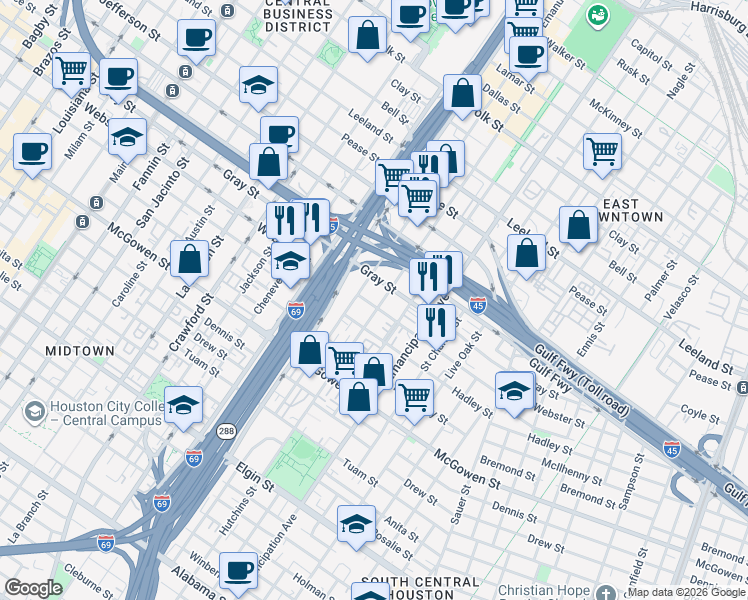 map of restaurants, bars, coffee shops, grocery stores, and more near 2104 Webster Street in Houston