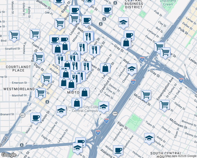 map of restaurants, bars, coffee shops, grocery stores, and more near 2723 Austin Street in Houston