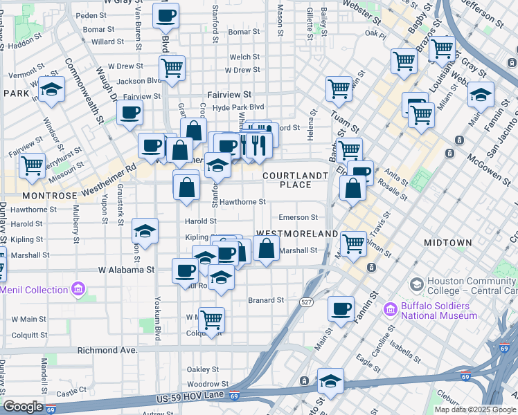 map of restaurants, bars, coffee shops, grocery stores, and more near 3403 Audubon Place in Houston