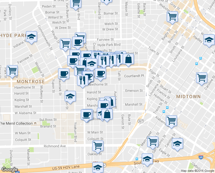 map of restaurants, bars, coffee shops, grocery stores, and more near 637 Hawthorne Street in Houston