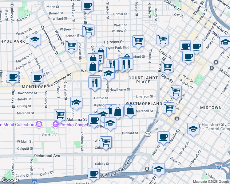 map of restaurants, bars, coffee shops, grocery stores, and more near 637 Hawthorne Street in Houston