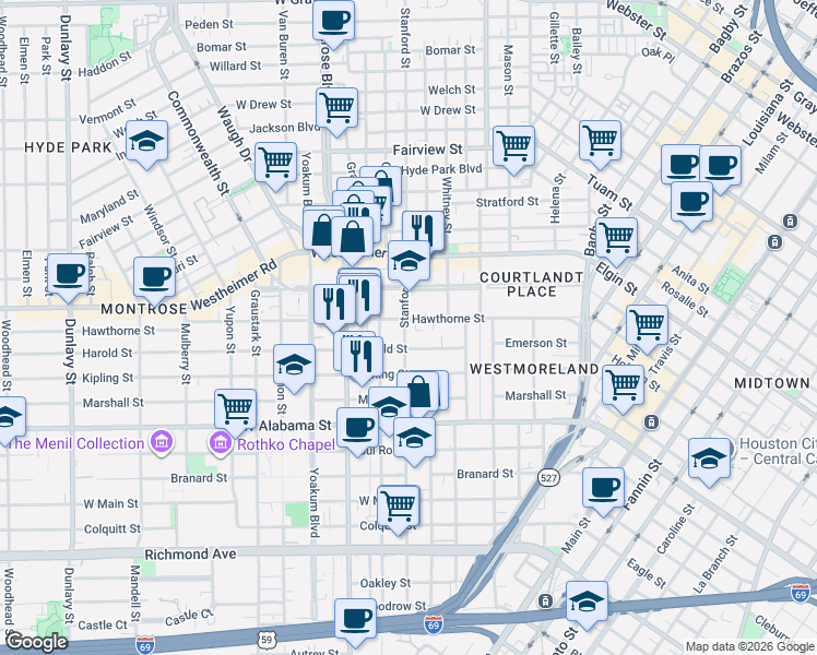 map of restaurants, bars, coffee shops, grocery stores, and more near in Houston