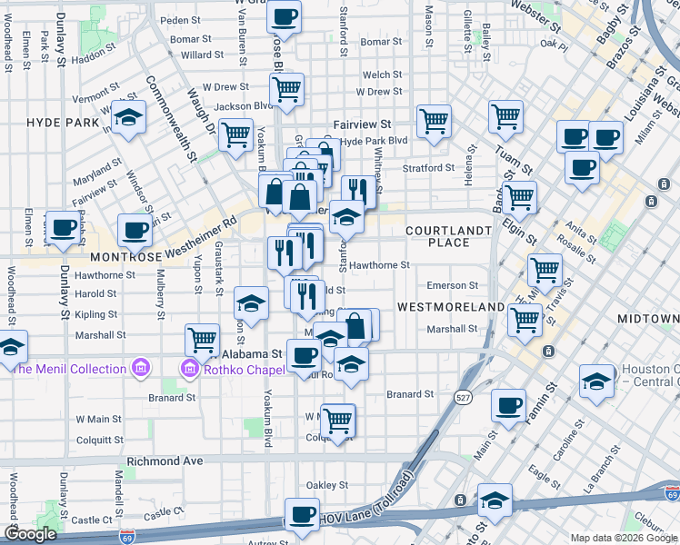 map of restaurants, bars, coffee shops, grocery stores, and more near in Houston