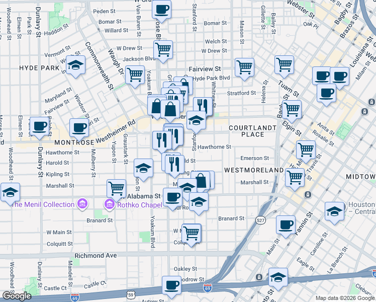 map of restaurants, bars, coffee shops, grocery stores, and more near in Houston