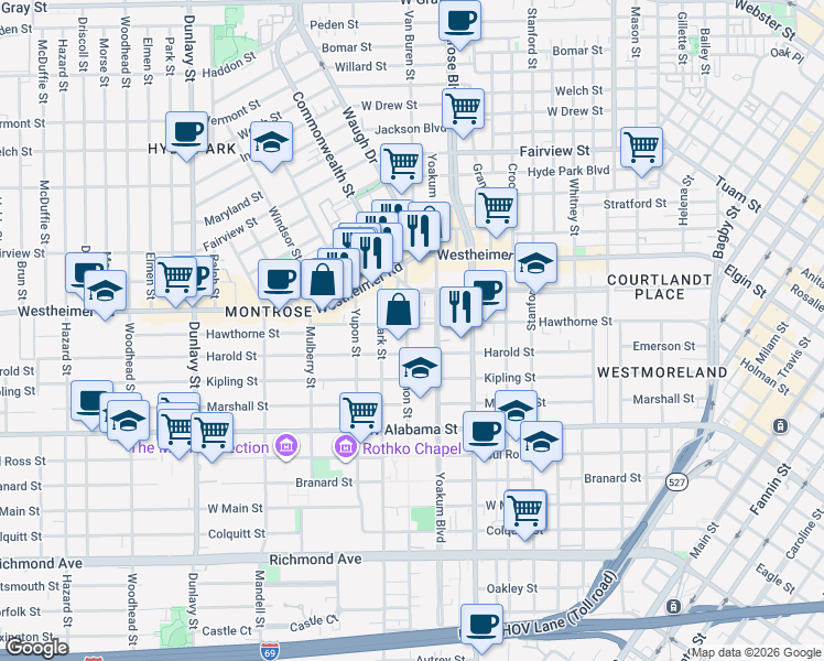 map of restaurants, bars, coffee shops, grocery stores, and more near 3406 Mount Vernon Street in Houston