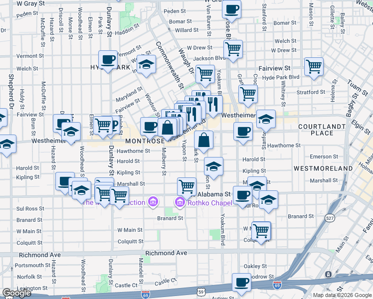 map of restaurants, bars, coffee shops, grocery stores, and more near 3403 Yupon Street in Houston