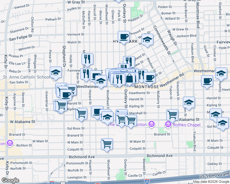 map of restaurants, bars, coffee shops, grocery stores, and more near 1722 Hawthorne Street in Houston