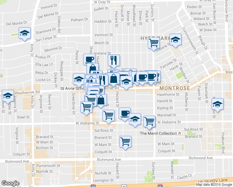 map of restaurants, bars, coffee shops, grocery stores, and more near 1912 Hawthorne Street in Houston