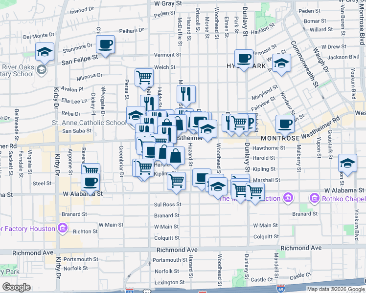 map of restaurants, bars, coffee shops, grocery stores, and more near 1912 Hawthorne Street in Houston