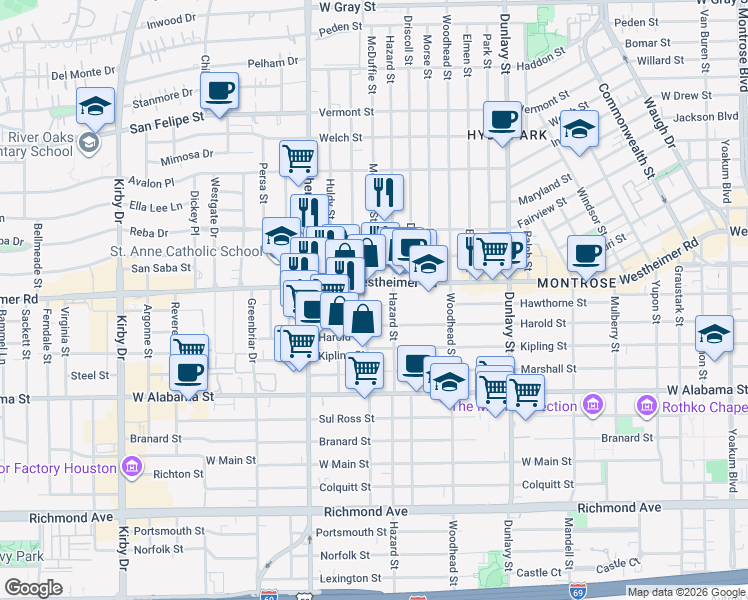 map of restaurants, bars, coffee shops, grocery stores, and more near 1912 Hawthorne Street in Houston