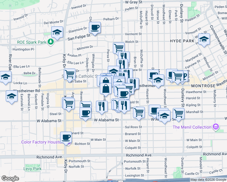 map of restaurants, bars, coffee shops, grocery stores, and more near 2119 Westheimer Road in Houston