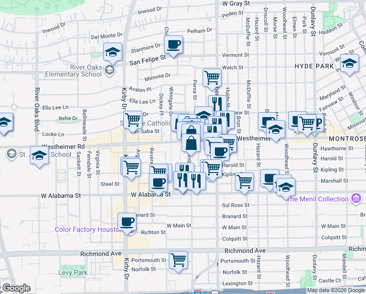 map of restaurants, bars, coffee shops, grocery stores, and more near 2612 Greenbriar Drive in Houston