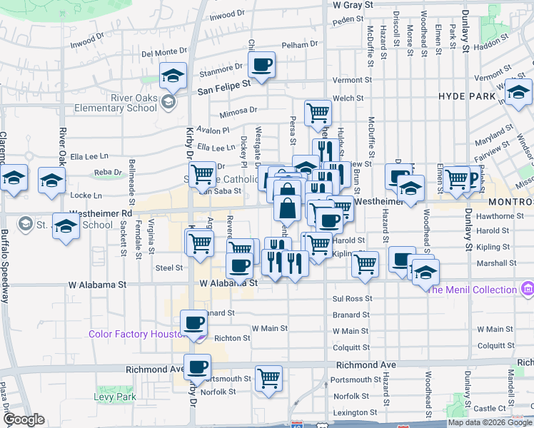 map of restaurants, bars, coffee shops, grocery stores, and more near 2612 Greenbriar Drive in Houston