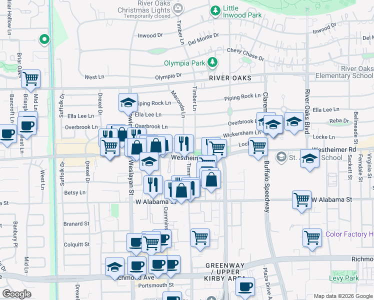 map of restaurants, bars, coffee shops, grocery stores, and more near 3705 Locke Lane in Houston