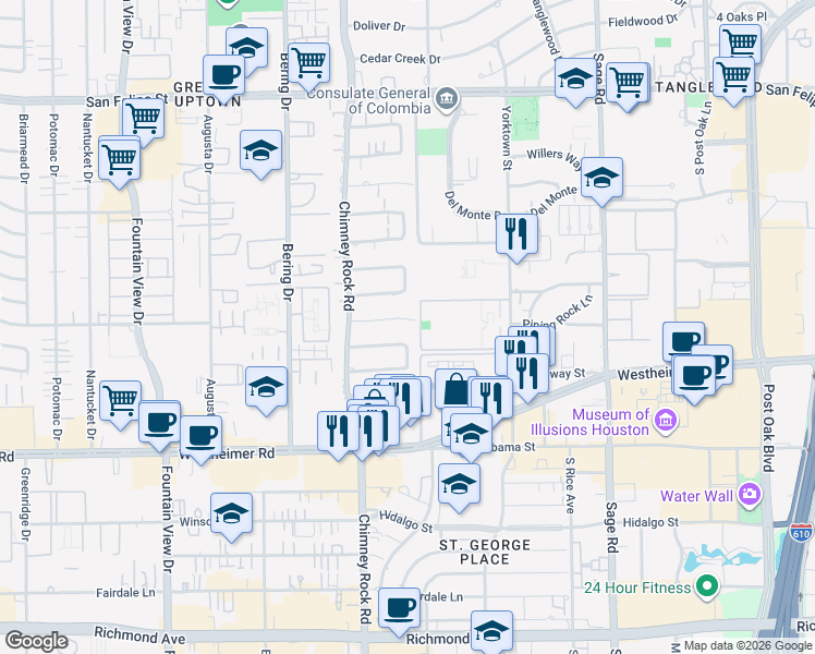map of restaurants, bars, coffee shops, grocery stores, and more near 5625 Piping Rock Lane in Houston