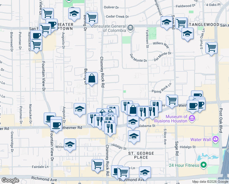 map of restaurants, bars, coffee shops, grocery stores, and more near 5625 Piping Rock Lane in Houston