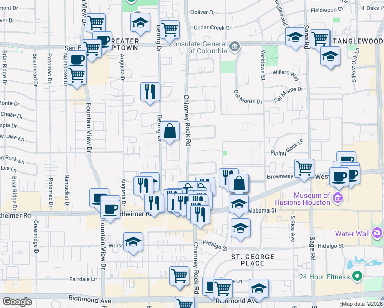 map of restaurants, bars, coffee shops, grocery stores, and more near 5661 Piping Rock Lane in Houston