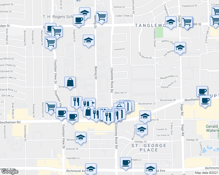 map of restaurants, bars, coffee shops, grocery stores, and more near 2302 Chimney Rock Road in Houston