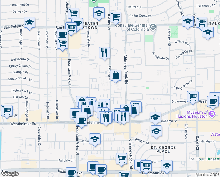 map of restaurants, bars, coffee shops, grocery stores, and more near 2362M Bering Drive in Houston