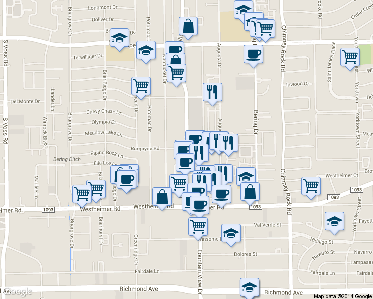 map of restaurants, bars, coffee shops, grocery stores, and more near in Houston