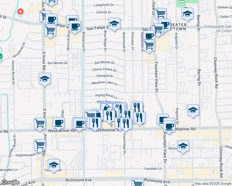 map of restaurants, bars, coffee shops, grocery stores, and more near 6150 Piping Rock Lane in Houston
