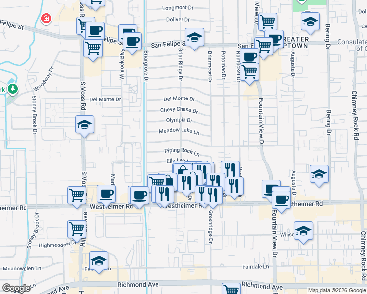 map of restaurants, bars, coffee shops, grocery stores, and more near 6150 Piping Rock Lane in Houston