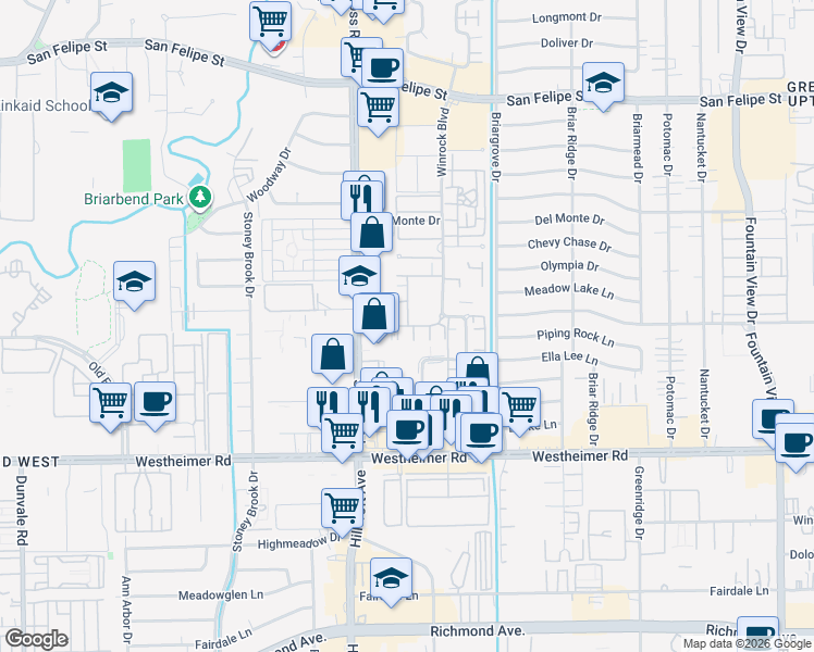 map of restaurants, bars, coffee shops, grocery stores, and more near 6459 Burgoyne Drive in Houston
