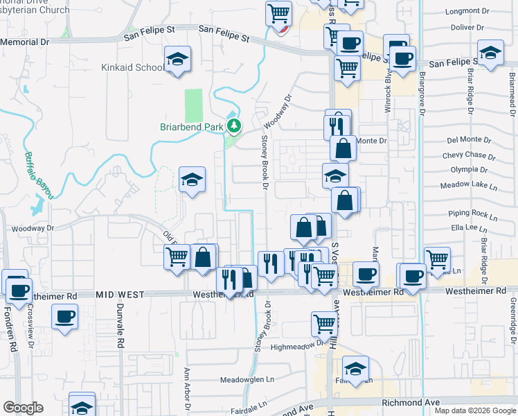 map of restaurants, bars, coffee shops, grocery stores, and more near 2411 Stoney Brook Drive in Houston