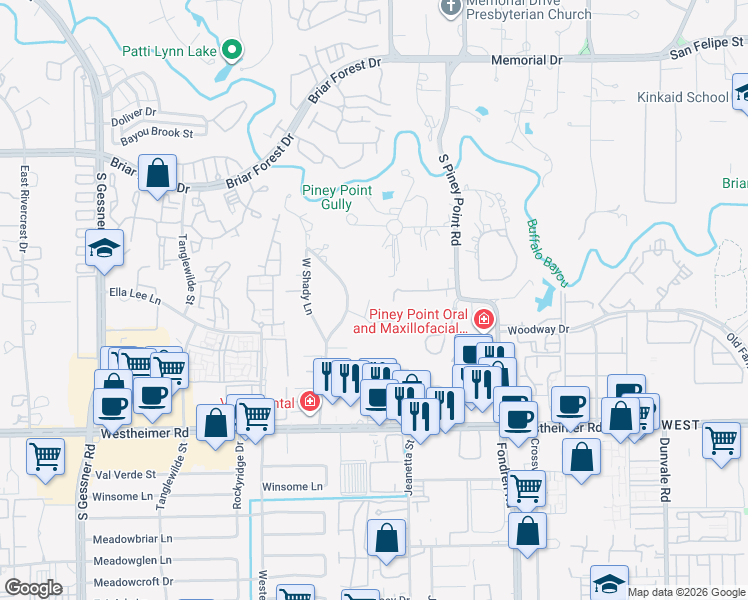 map of restaurants, bars, coffee shops, grocery stores, and more near 27 East Shady Lane in Houston