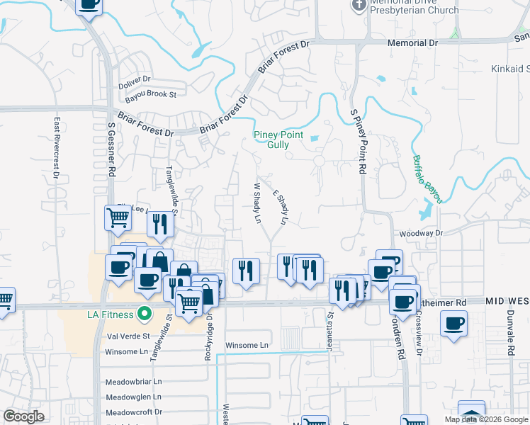 map of restaurants, bars, coffee shops, grocery stores, and more near 25 West Shady Lane in Houston