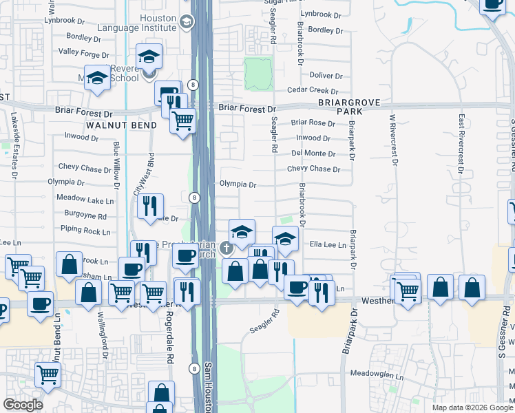 map of restaurants, bars, coffee shops, grocery stores, and more near 10219 Meadow Lake Lane in Houston