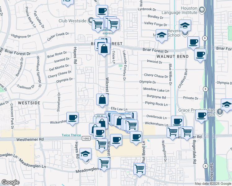 map of restaurants, bars, coffee shops, grocery stores, and more near 10922 Burgoyne Road in Houston