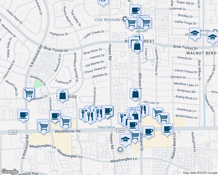 map of restaurants, bars, coffee shops, grocery stores, and more near 11315 Burgoyne Drive in Houston