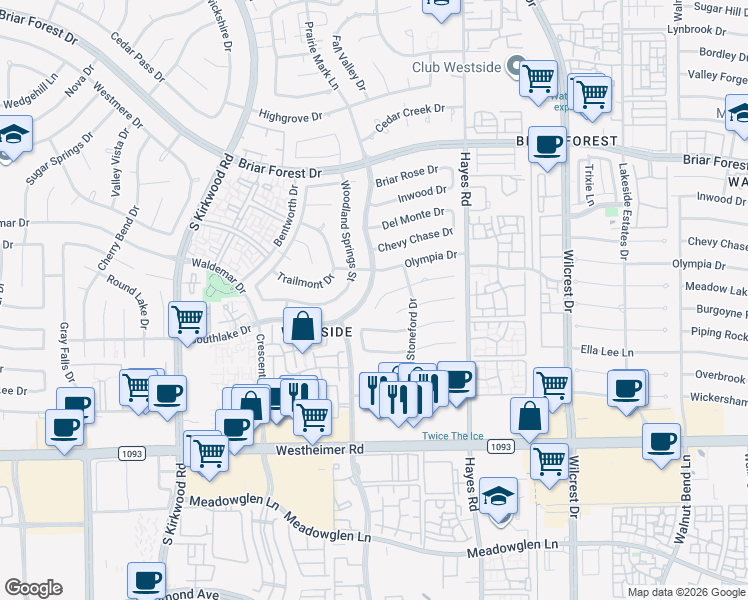 map of restaurants, bars, coffee shops, grocery stores, and more near 11527 Meadow Lake Drive in Houston