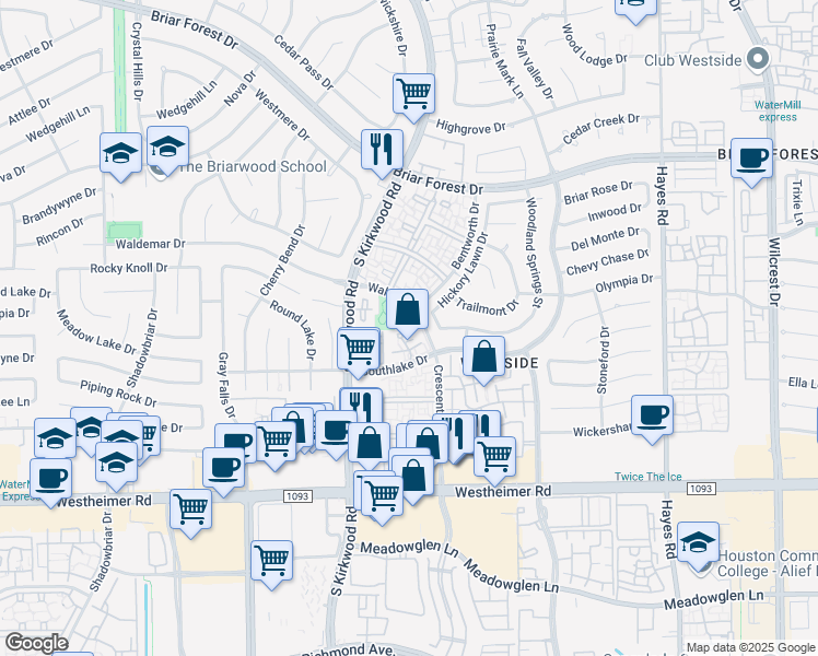 map of restaurants, bars, coffee shops, grocery stores, and more near 2238 Hickory Lawn Drive in Houston