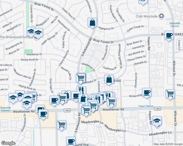 map of restaurants, bars, coffee shops, grocery stores, and more near 2238 Hickory Lawn Drive in Houston