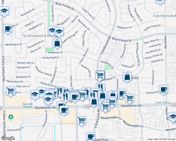 map of restaurants, bars, coffee shops, grocery stores, and more near 2206 Round Lake Drive in Houston