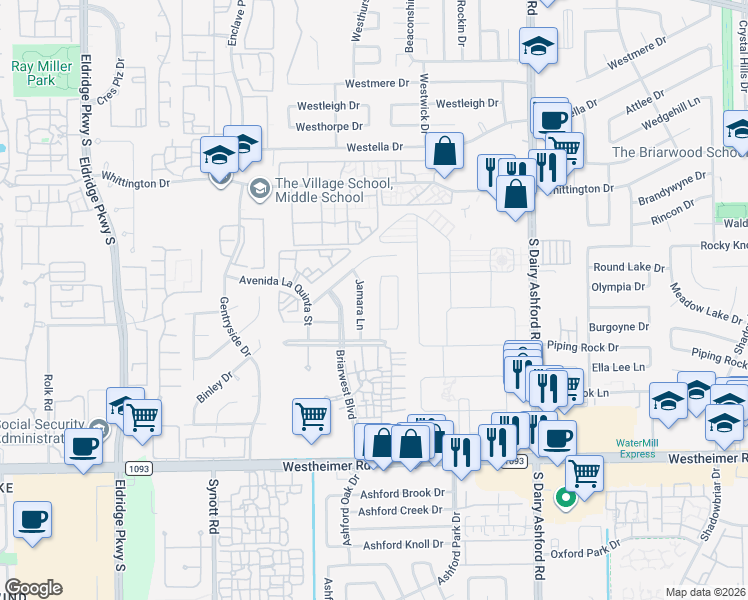 map of restaurants, bars, coffee shops, grocery stores, and more near 2203 Jamara Lane in Houston