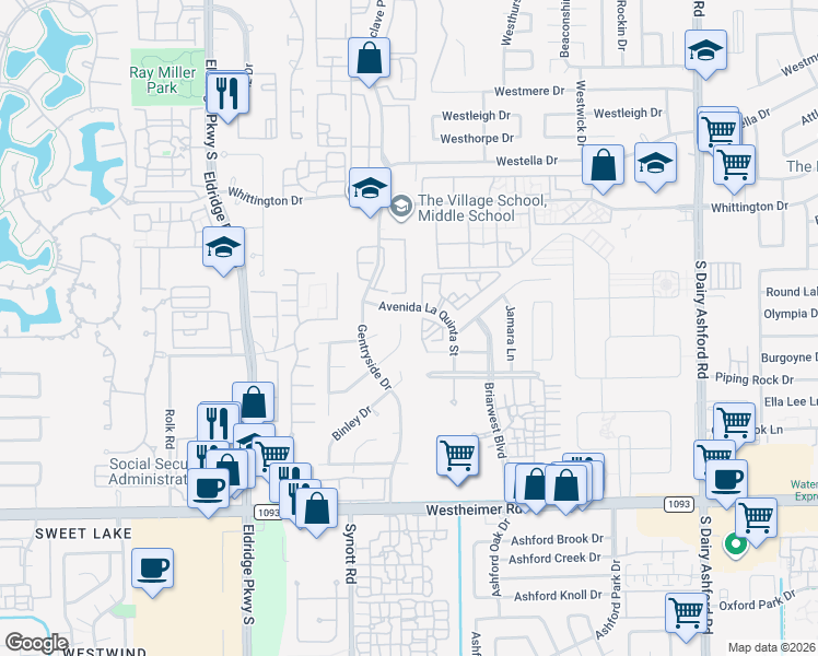 map of restaurants, bars, coffee shops, grocery stores, and more near 13007 Waldemere Drive in Houston