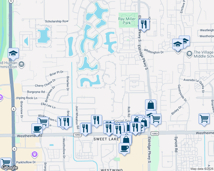 map of restaurants, bars, coffee shops, grocery stores, and more near 13610 Meridian Springs Lane in Houston