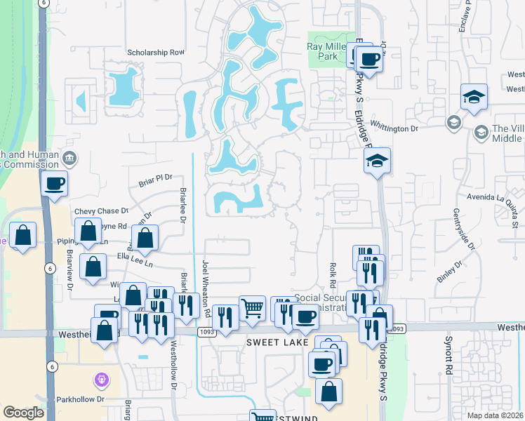 map of restaurants, bars, coffee shops, grocery stores, and more near 13718 Slate Creek Lane in Houston