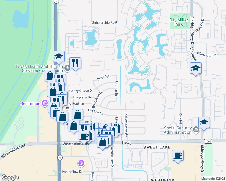 map of restaurants, bars, coffee shops, grocery stores, and more near 2015 Briargreen Drive in Houston