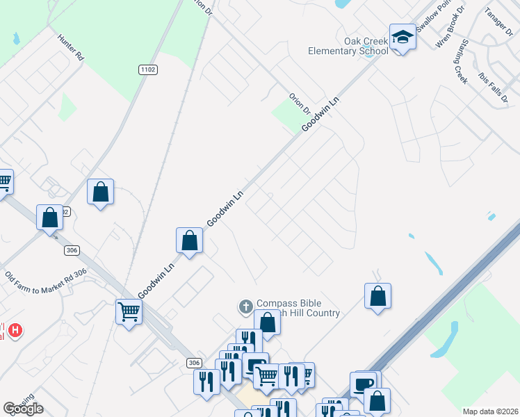 map of restaurants, bars, coffee shops, grocery stores, and more near 2710 Brogan Creek in New Braunfels