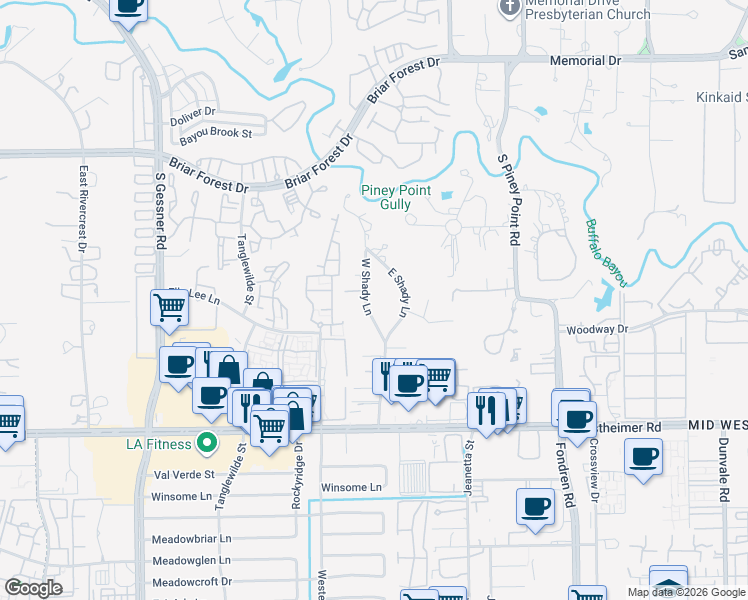 map of restaurants, bars, coffee shops, grocery stores, and more near 25 West Shady Lane in Houston