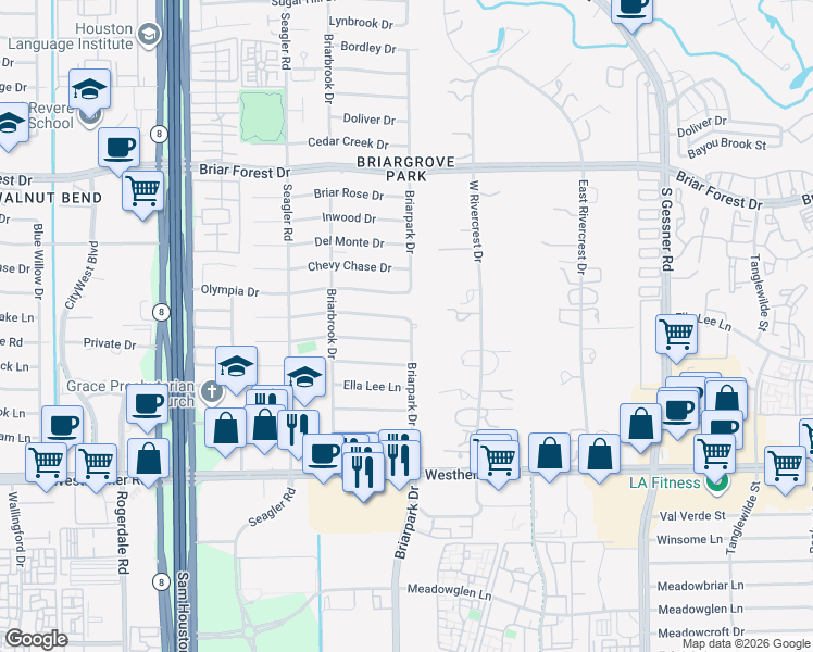 map of restaurants, bars, coffee shops, grocery stores, and more near 10003 Meadow Lake Lane in Houston