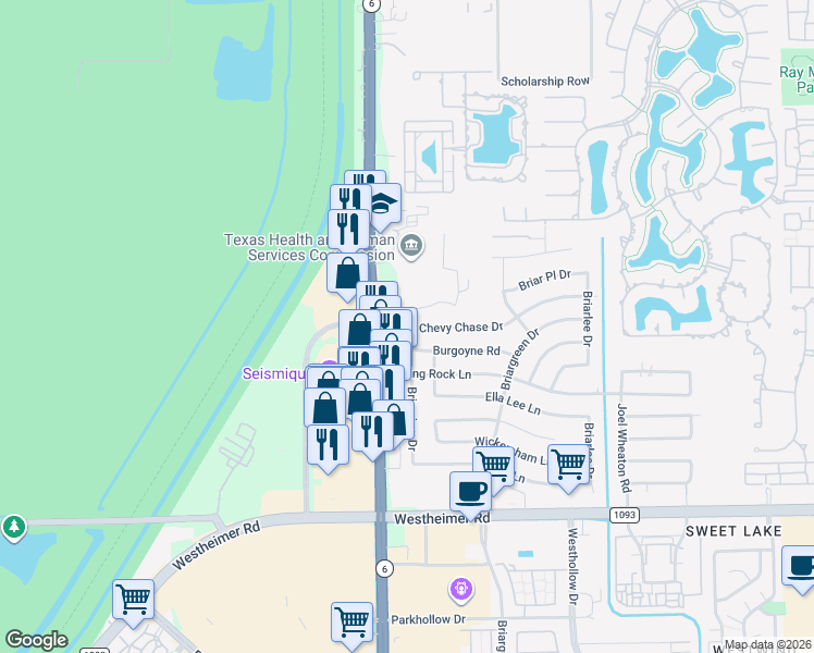 map of restaurants, bars, coffee shops, grocery stores, and more near 2030 Briarview Drive in Houston